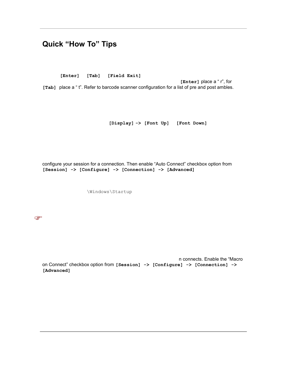 Quick ―how to‖ tips, Automatically submit a barcode (postamble enter), Setup automatic login | Remap hardware keys, Quick “how to” tips | Casio Naurtech CETerm Ver.5.5 User Manual User Manual | Page 24 / 160