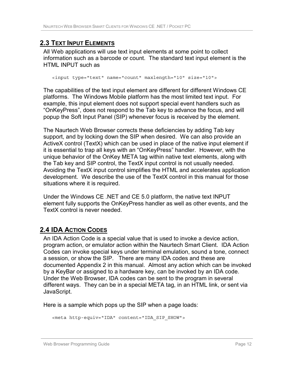 3 text input elements, 4 ida action codes, 4 ida a | Casio Naurtech CETerm Ver.5.1 Web Browser Programming Manual User Manual | Page 12 / 79