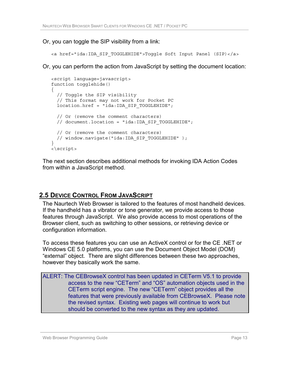 5 device control from javascript | Casio Naurtech CETerm Ver.5.1 Web Browser Programming Manual User Manual | Page 13 / 79