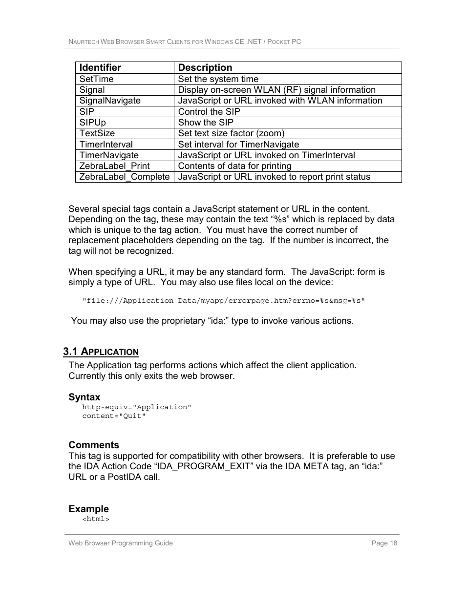 1 application, Identifier description, Syntax | Comments, Example | Casio Naurtech CETerm Ver.5.1 Web Browser Programming Manual User Manual | Page 18 / 79