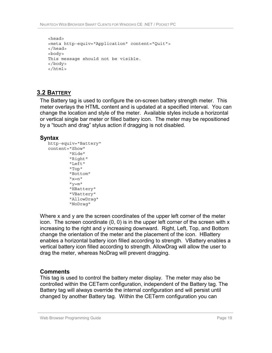 2 battery, Syntax, Comments | Casio Naurtech CETerm Ver.5.1 Web Browser Programming Manual User Manual | Page 19 / 79