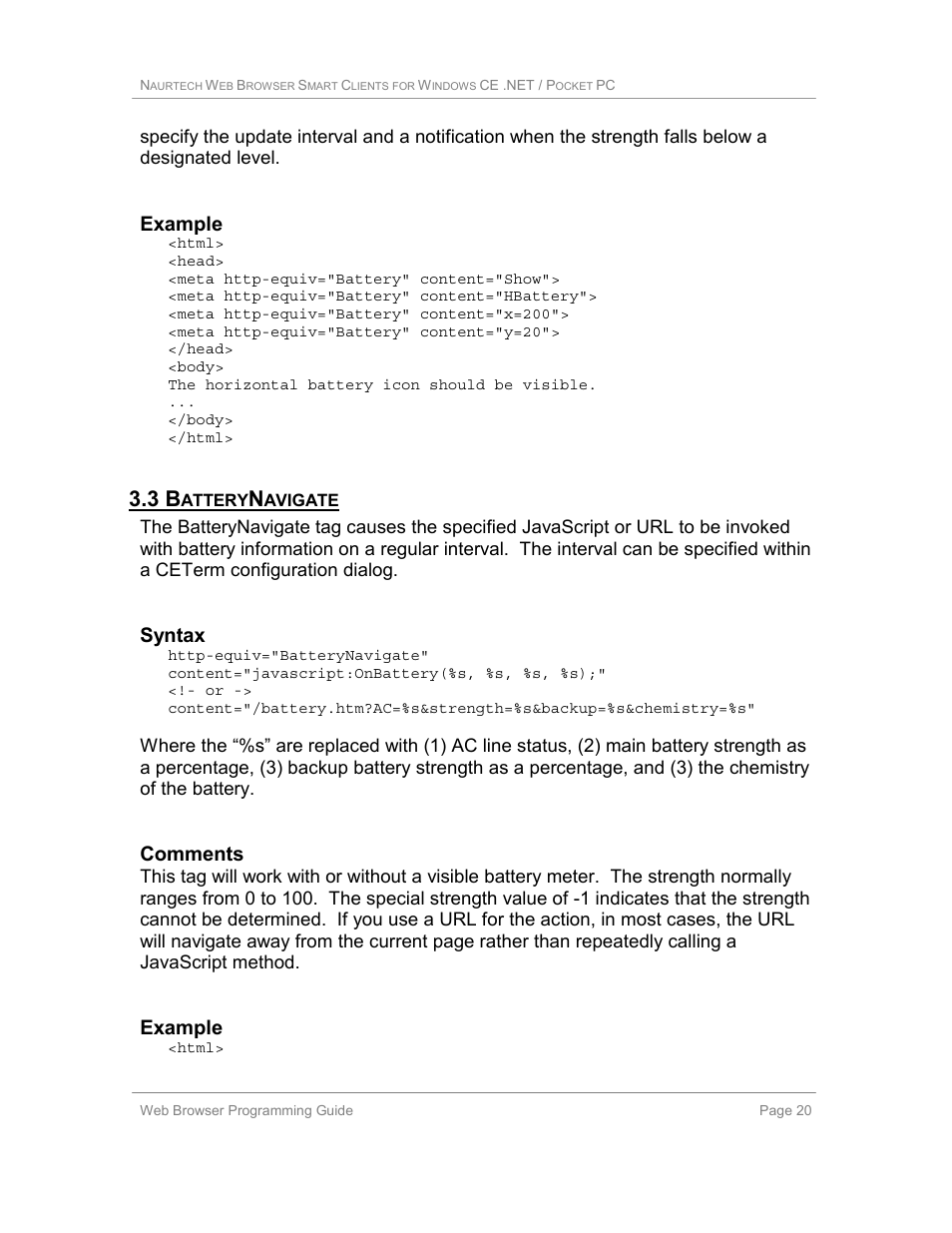 3 batterynavigate, Example, Syntax | Comments | Casio Naurtech CETerm Ver.5.1 Web Browser Programming Manual User Manual | Page 20 / 79
