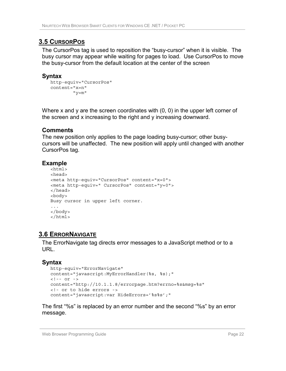 5 cursorpos, 6 errornavigate, Syntax | Comments, Example | Casio Naurtech CETerm Ver.5.1 Web Browser Programming Manual User Manual | Page 22 / 79