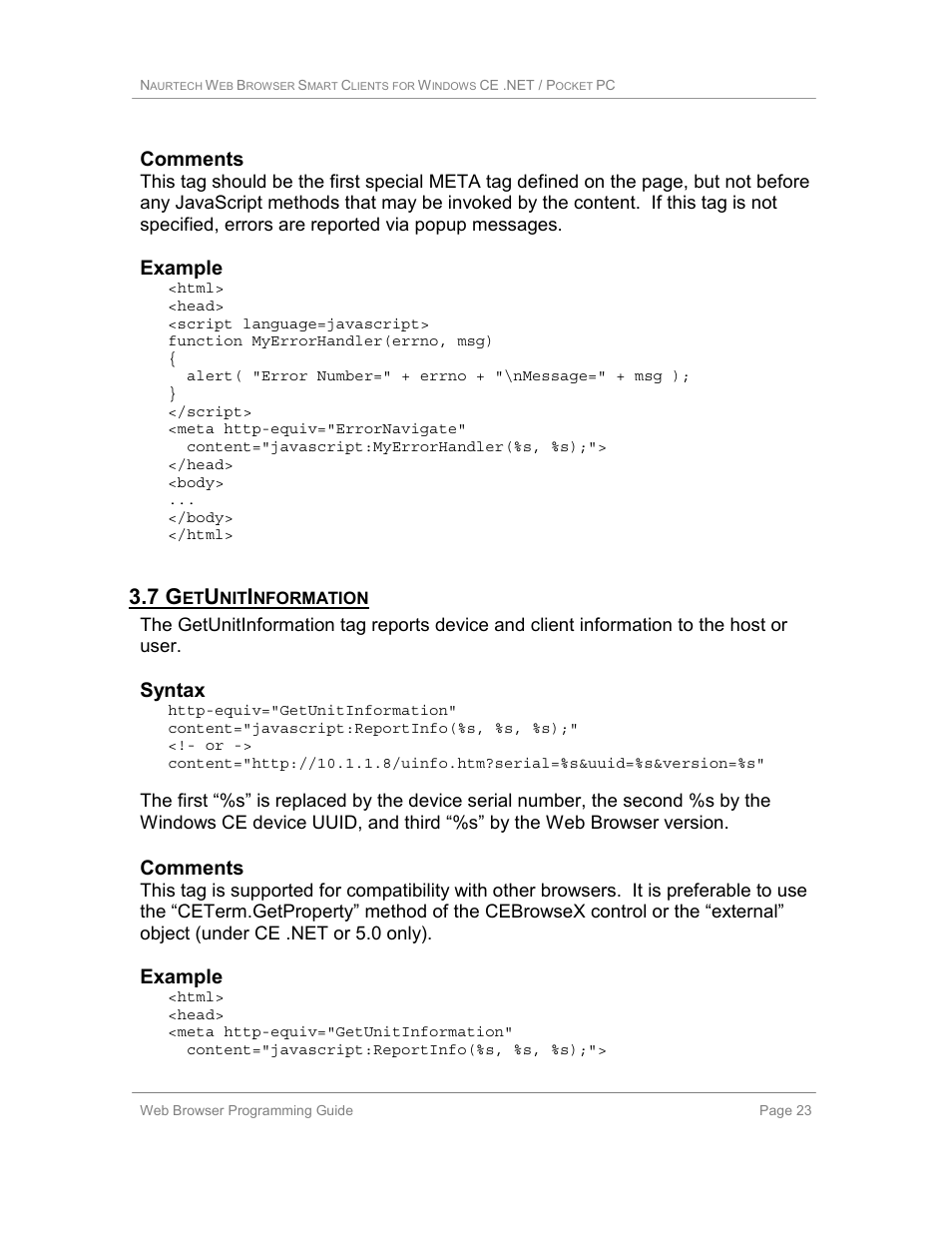 7 getunitinformation, Comments, Example | Syntax | Casio Naurtech CETerm Ver.5.1 Web Browser Programming Manual User Manual | Page 23 / 79