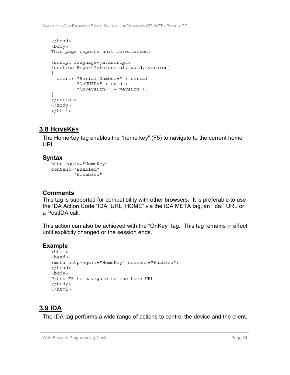 8 homekey, 9 ida, Syntax | Comments, Example | Casio Naurtech CETerm Ver.5.1 Web Browser Programming Manual User Manual | Page 24 / 79