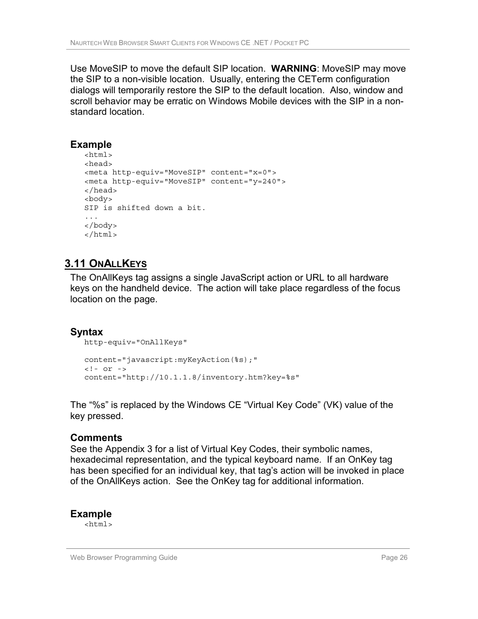 11 onallkeys, 11 o, Example | Syntax, Comments | Casio Naurtech CETerm Ver.5.1 Web Browser Programming Manual User Manual | Page 26 / 79