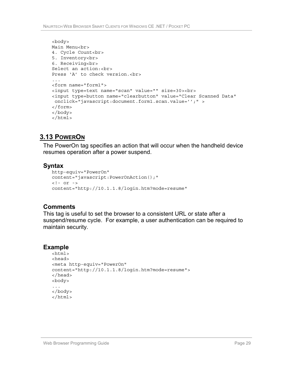 13 poweron, 13 p, Syntax | Comments, Example | Casio Naurtech CETerm Ver.5.1 Web Browser Programming Manual User Manual | Page 29 / 79