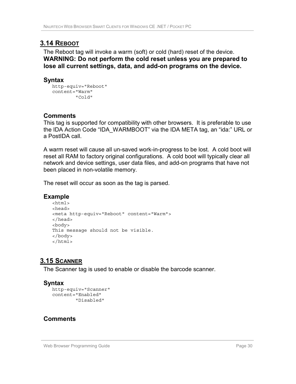 14 reboot, 15 scanner, 14 r | 15 s, Syntax, Comments, Example | Casio Naurtech CETerm Ver.5.1 Web Browser Programming Manual User Manual | Page 30 / 79