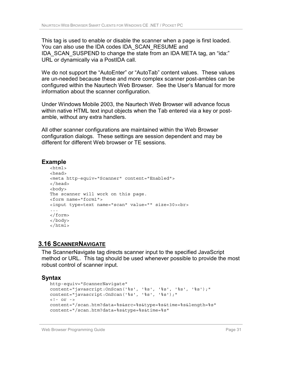 16 scannernavigate, 16 s, Example | Syntax | Casio Naurtech CETerm Ver.5.1 Web Browser Programming Manual User Manual | Page 31 / 79