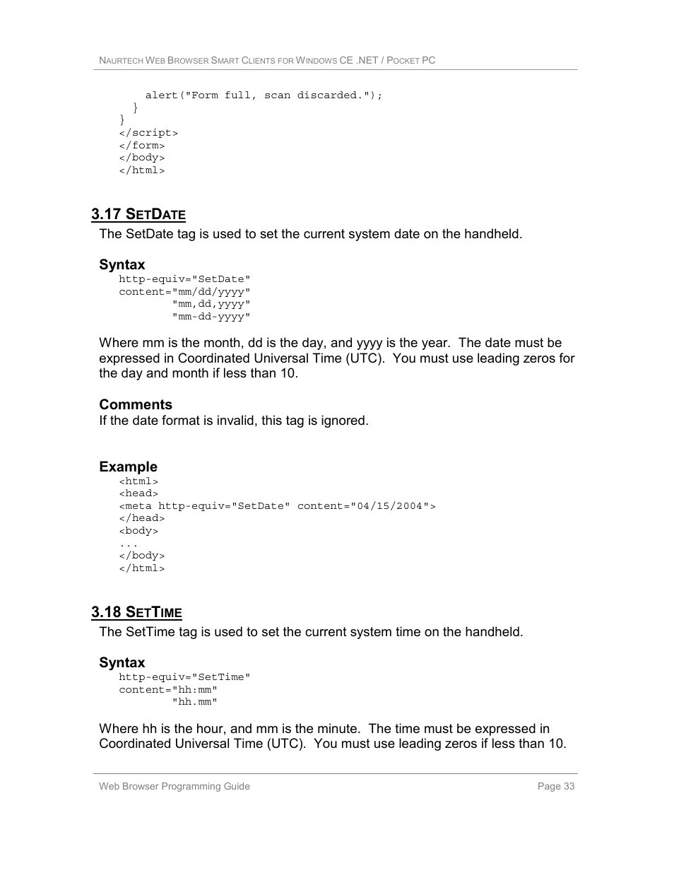 17 setdate, 18 settime, 17 s | 18 s, Syntax, Comments, Example | Casio Naurtech CETerm Ver.5.1 Web Browser Programming Manual User Manual | Page 33 / 79