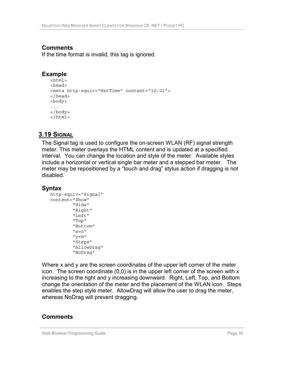 19 signal, 19 s, Comments | Example, Syntax | Casio Naurtech CETerm Ver.5.1 Web Browser Programming Manual User Manual | Page 34 / 79