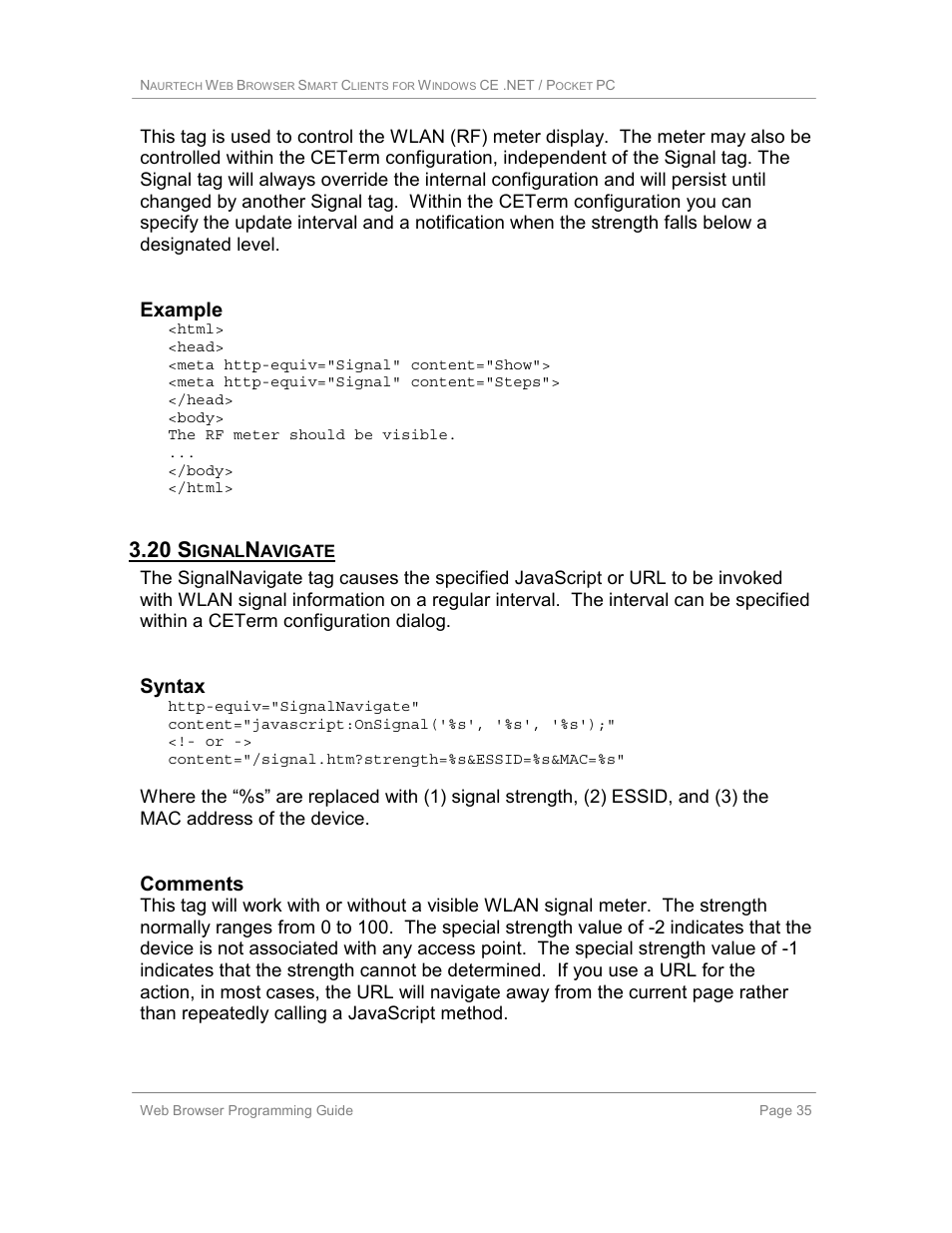 20 signalnavigate, 20 s, Example | Syntax, Comments | Casio Naurtech CETerm Ver.5.1 Web Browser Programming Manual User Manual | Page 35 / 79