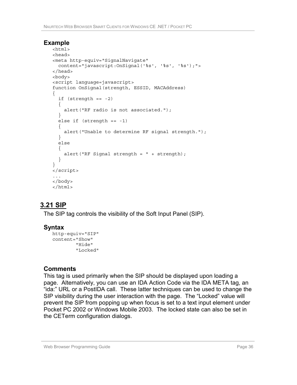 21 sip, Example, Syntax | Comments | Casio Naurtech CETerm Ver.5.1 Web Browser Programming Manual User Manual | Page 36 / 79