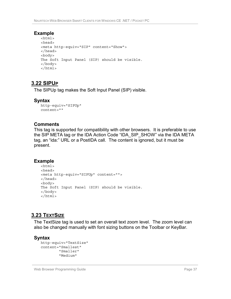 22 sipup, 23 textsize, 22 sipu | 23 t, Example, Syntax, Comments | Casio Naurtech CETerm Ver.5.1 Web Browser Programming Manual User Manual | Page 37 / 79