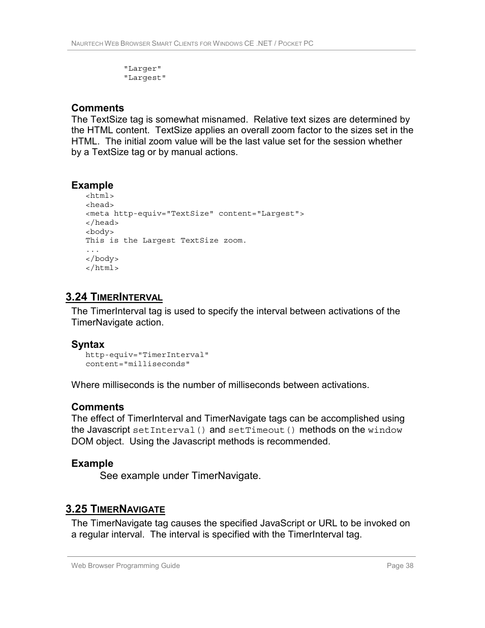 24 timerinterval, 25 timernavigate, 24 t | 25 t, Comments, Example, Syntax, Example see example under timernavigate | Casio Naurtech CETerm Ver.5.1 Web Browser Programming Manual User Manual | Page 38 / 79