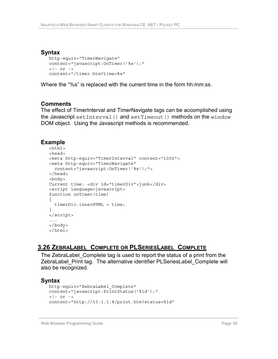 26 zebralabel_complete or plserieslabel_complete, 26 z, Syntax | Comments, Example | Casio Naurtech CETerm Ver.5.1 Web Browser Programming Manual User Manual | Page 39 / 79