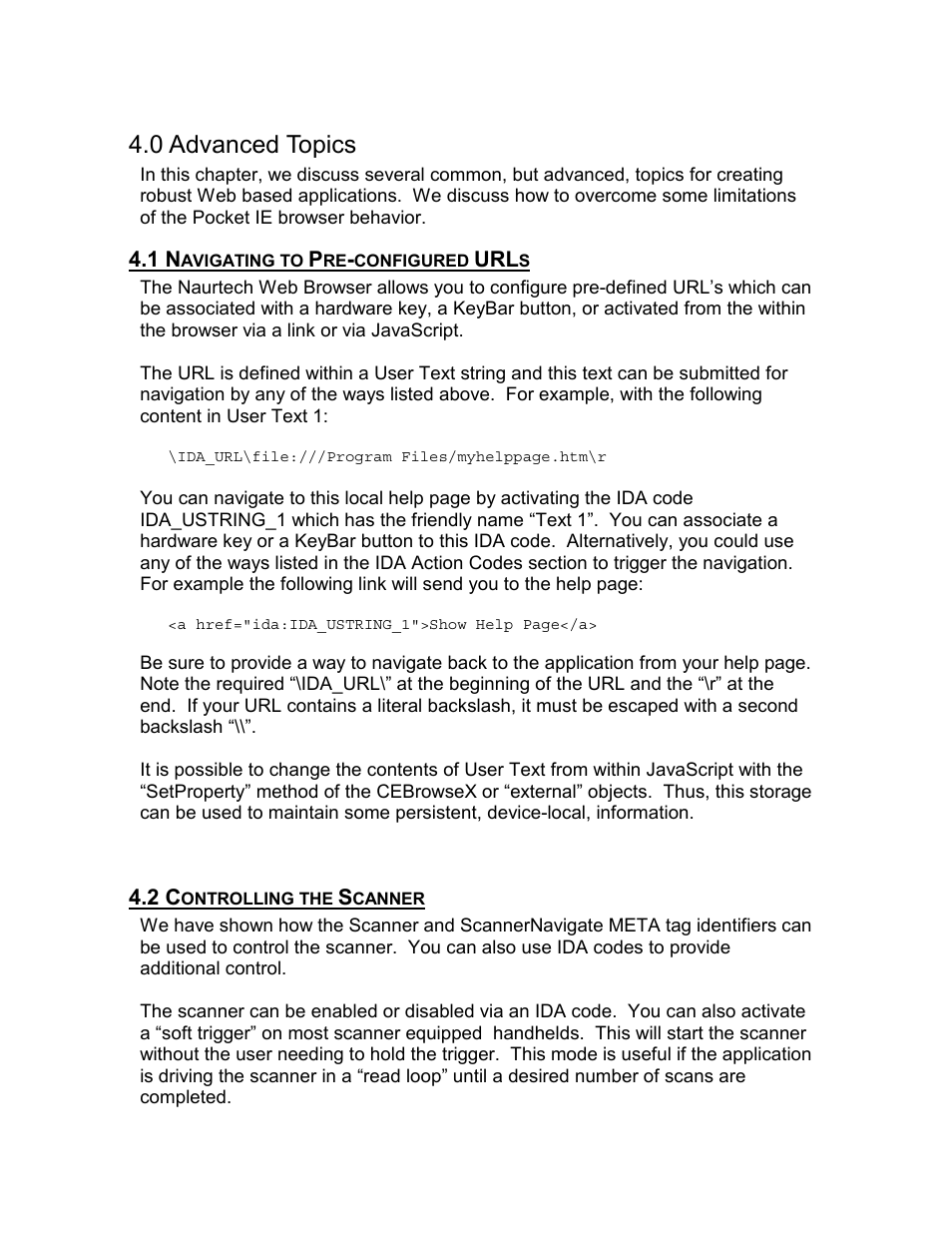 0 advanced topics, 1 navigating to pre-configured urls, 2 controlling the scanner | Casio Naurtech CETerm Ver.5.1 Web Browser Programming Manual User Manual | Page 42 / 79