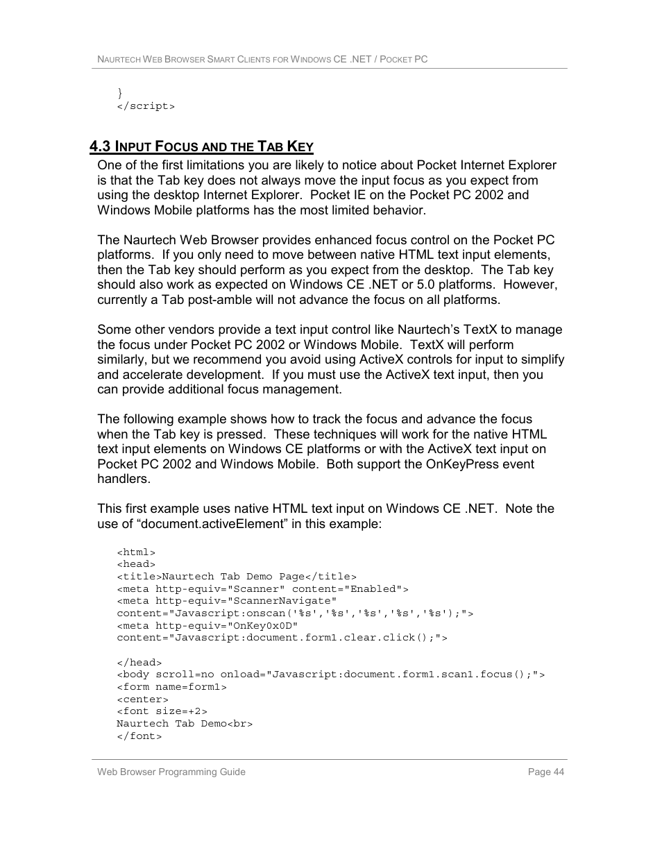 3 input focus and the tab key | Casio Naurtech CETerm Ver.5.1 Web Browser Programming Manual User Manual | Page 44 / 79
