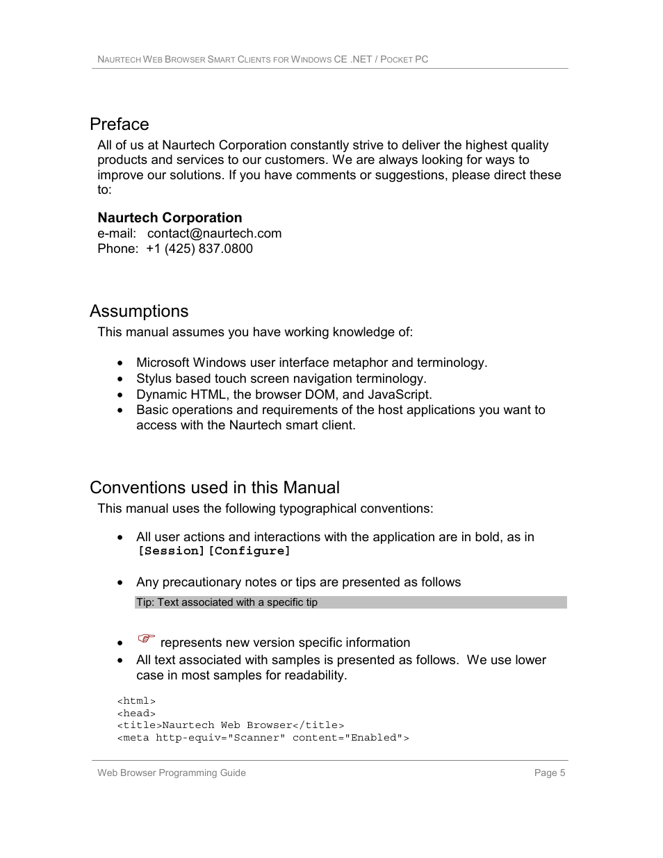 Preface, Assumptions, Conventions used in this manual | Naurtech corporation | Casio Naurtech CETerm Ver.5.1 Web Browser Programming Manual User Manual | Page 5 / 79