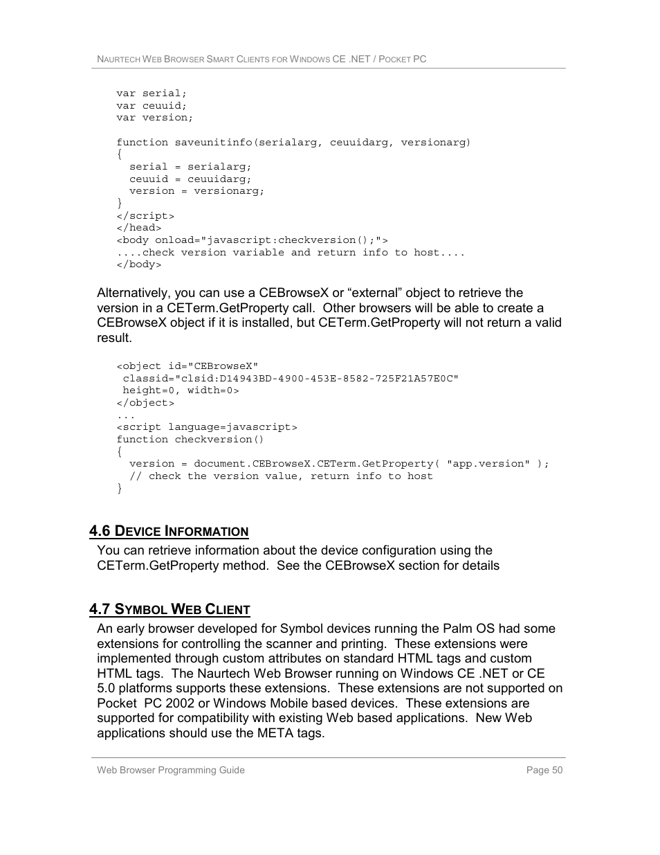 6 device information, 7 symbol web client | Casio Naurtech CETerm Ver.5.1 Web Browser Programming Manual User Manual | Page 50 / 79