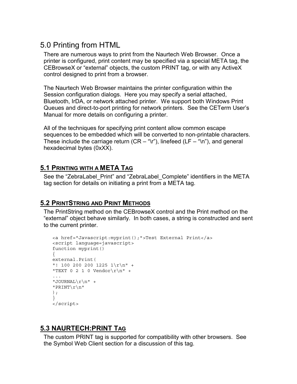 0 printing from html, 1 printing with a meta tag, 2 printstring and print methods | 3 naurtech:print tag | Casio Naurtech CETerm Ver.5.1 Web Browser Programming Manual User Manual | Page 53 / 79