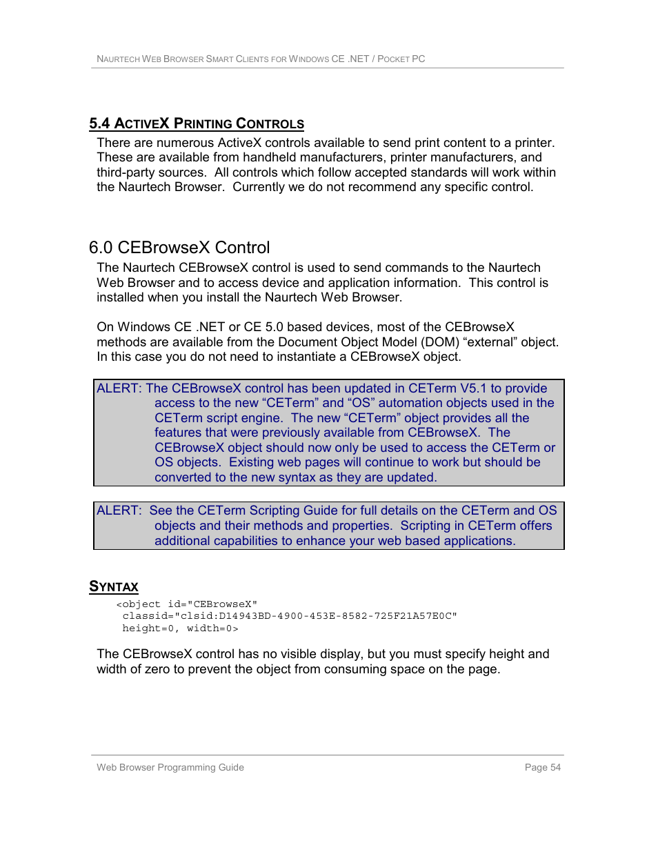 4 activex printing controls, 0 cebrowsex control, Syntax | Casio Naurtech CETerm Ver.5.1 Web Browser Programming Manual User Manual | Page 54 / 79