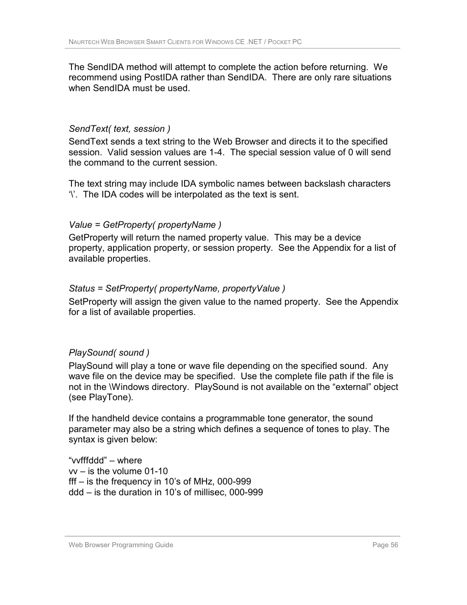 Sendtext( text, session ), Value = getproperty( propertyname ), Playsound( sound ) | Casio Naurtech CETerm Ver.5.1 Web Browser Programming Manual User Manual | Page 56 / 79