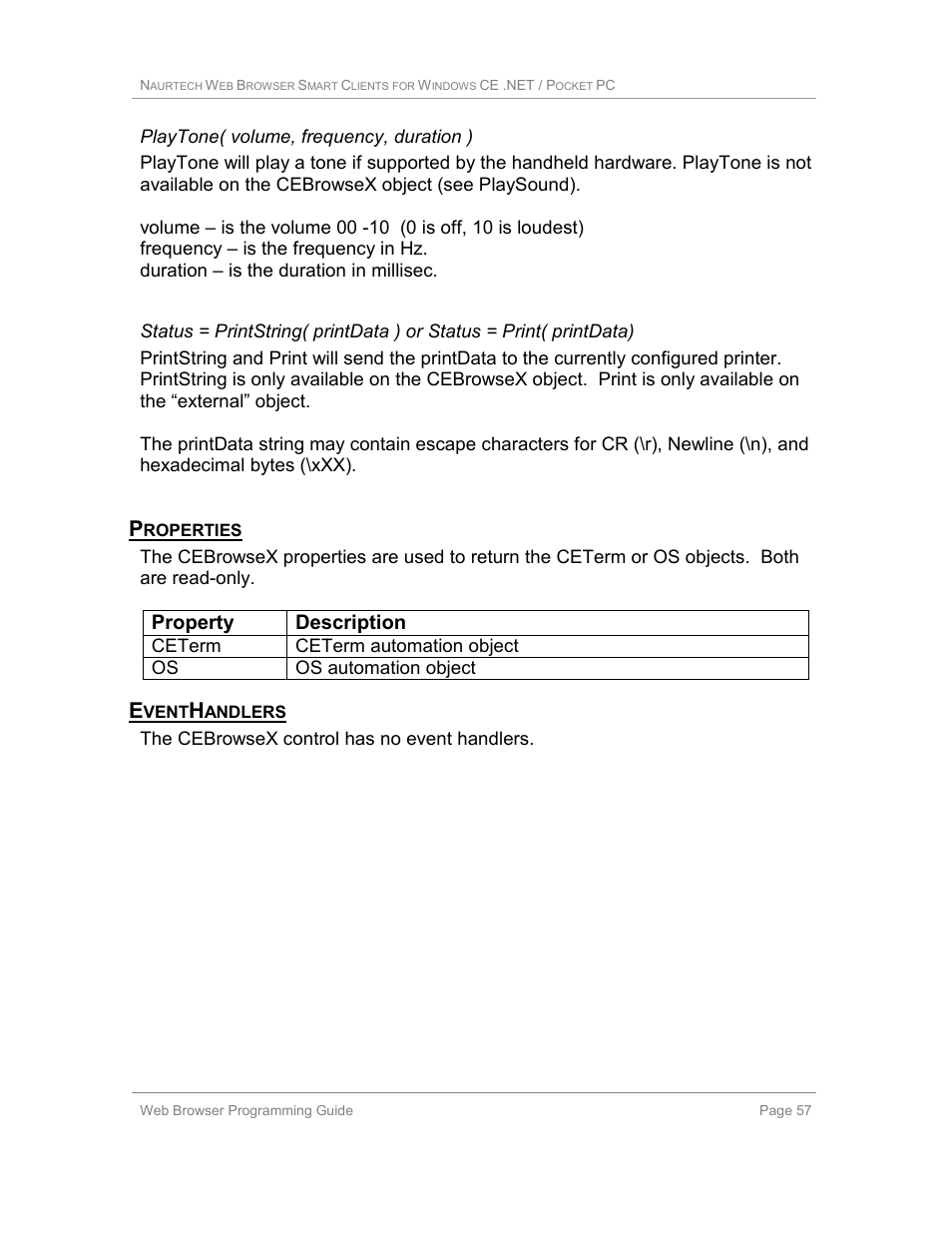 Playtone( volume, frequency, duration ), Properties, Eventhandlers | Property description | Casio Naurtech CETerm Ver.5.1 Web Browser Programming Manual User Manual | Page 57 / 79