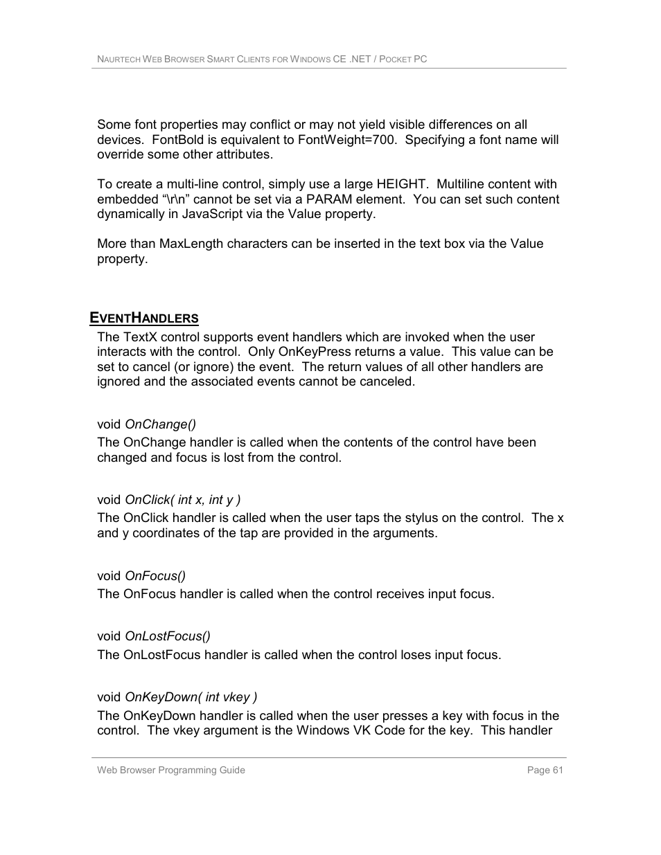 Eventhandlers, Void onchange(), Void onclick( int x, int y ) | Void onfocus(), Void onlostfocus(), Void onkeydown( int vkey ) | Casio Naurtech CETerm Ver.5.1 Web Browser Programming Manual User Manual | Page 61 / 79
