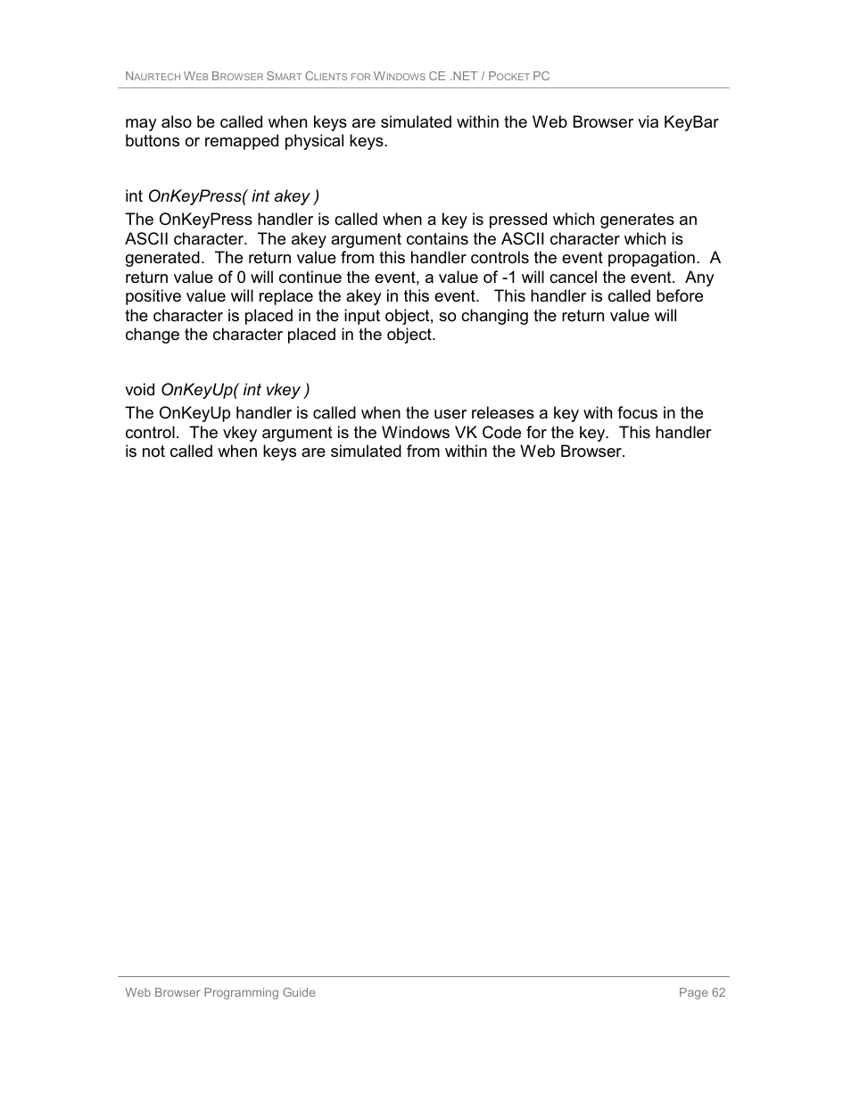 Int onkeypress( int akey ), Void onkeyup( int vkey ) | Casio Naurtech CETerm Ver.5.1 Web Browser Programming Manual User Manual | Page 62 / 79