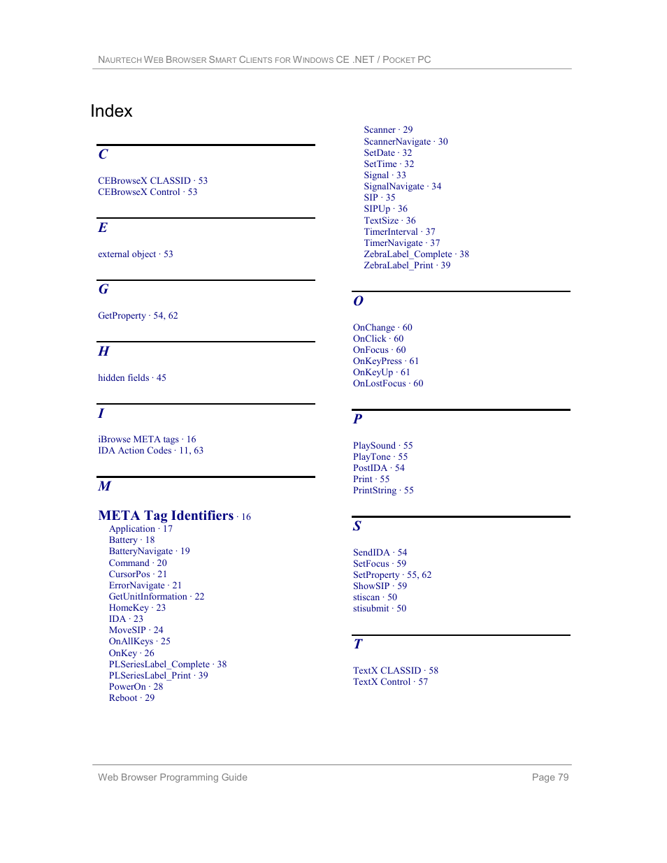 Index, Mmeta tag identifiers | Casio Naurtech CETerm Ver.5.1 Web Browser Programming Manual User Manual | Page 79 / 79