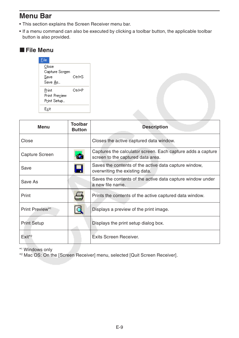 Menu bar, File menu k | Casio fx-CG Series Screen Receiver User Manual | Page 10 / 29