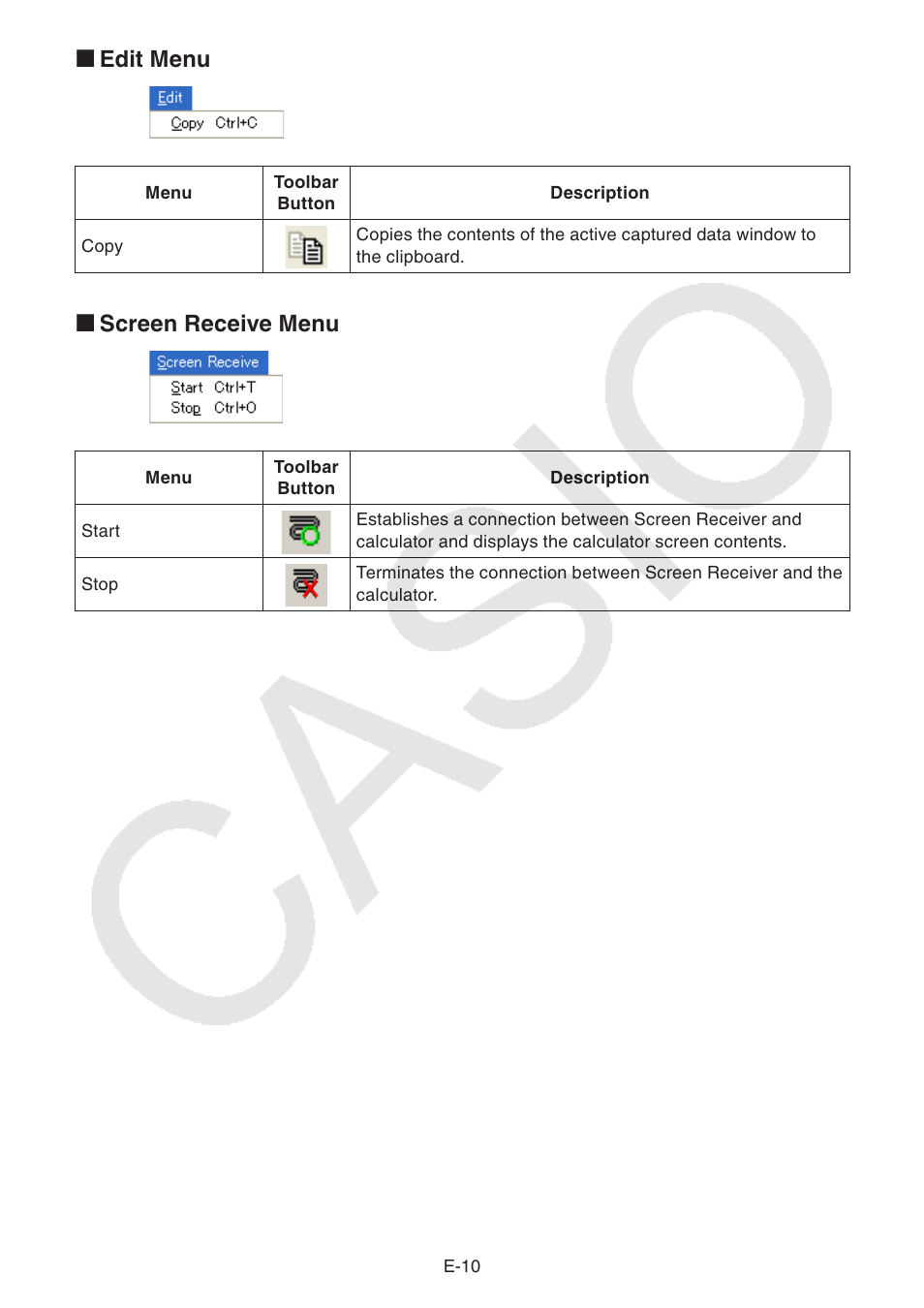 Edit menu k, Screen receive menu k | Casio fx-CG Series Screen Receiver User Manual | Page 11 / 29