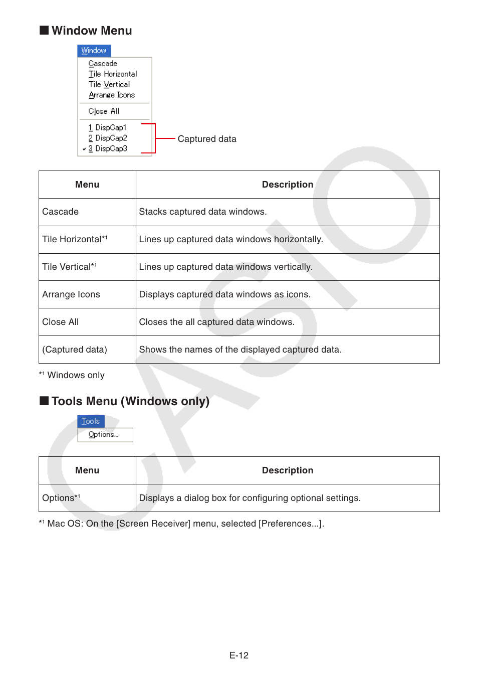 Window menu k, Tools menu (windows only) k | Casio fx-CG Series Screen Receiver User Manual | Page 13 / 29