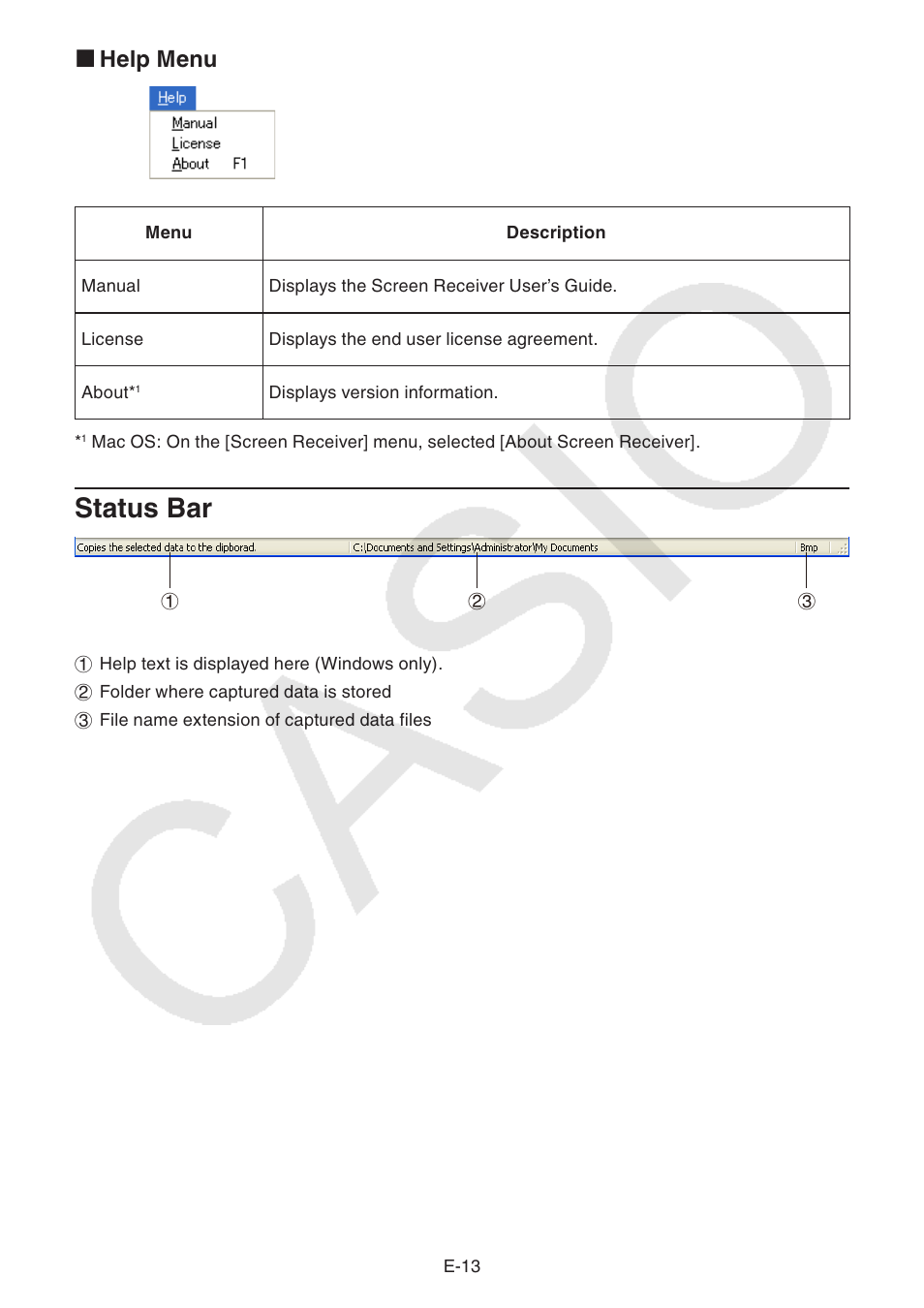 Status bar, Help menu k | Casio fx-CG Series Screen Receiver User Manual | Page 14 / 29