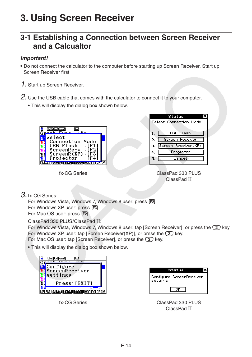 Using screen receiver | Casio fx-CG Series Screen Receiver User Manual | Page 15 / 29