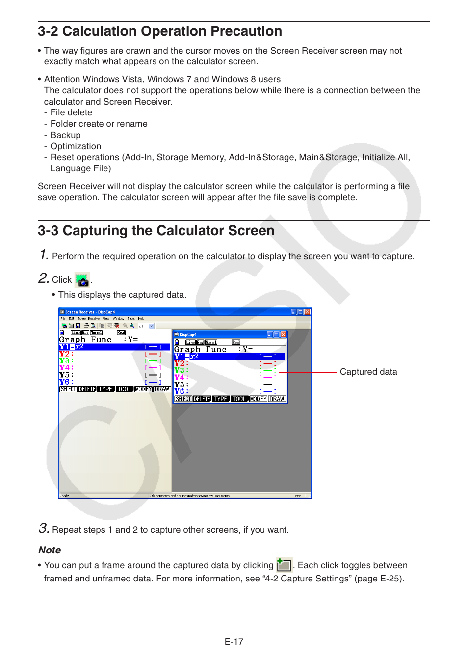 2 calculation operation precaution, 3 capturing the calculator screen | Casio fx-CG Series Screen Receiver User Manual | Page 18 / 29