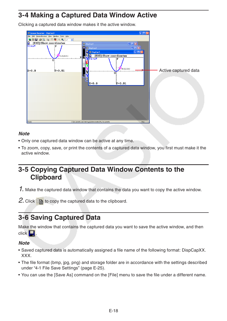 4 making a captured data window active, 6 saving captured data | Casio fx-CG Series Screen Receiver User Manual | Page 19 / 29