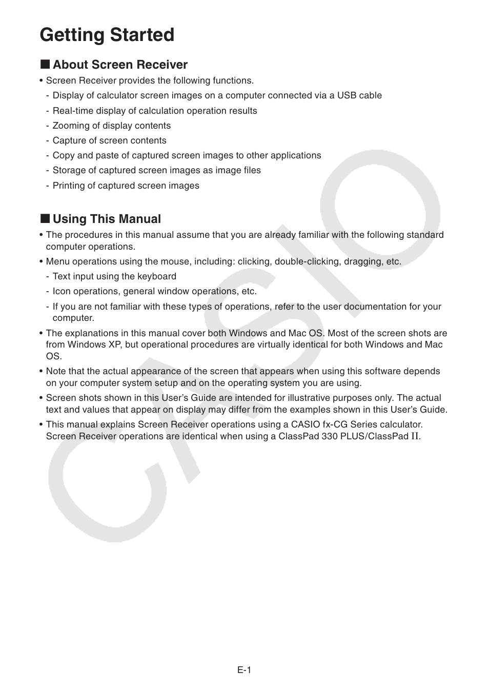 Getting started, About screen receiver k, Using this manual k | Casio fx-CG Series Screen Receiver User Manual | Page 2 / 29