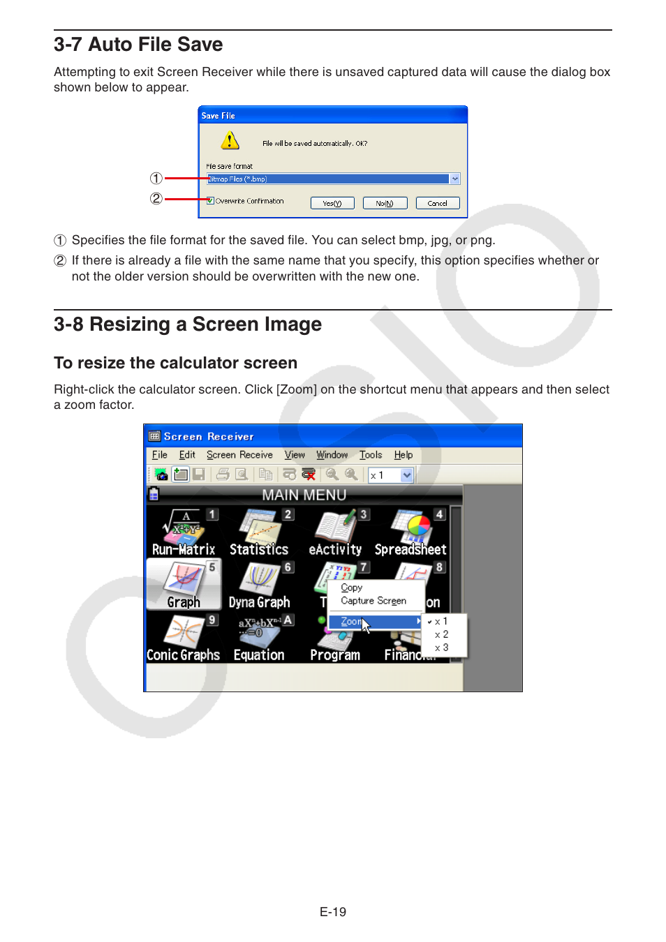7 auto file save, 8 resizing a screen image | Casio fx-CG Series Screen Receiver User Manual | Page 20 / 29