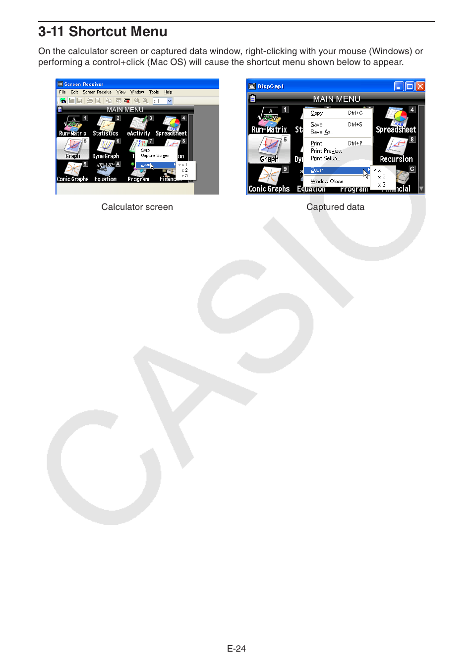 11 shortcut menu | Casio fx-CG Series Screen Receiver User Manual | Page 25 / 29