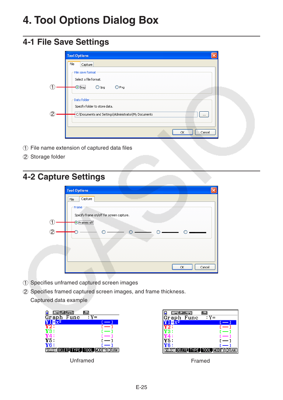 Tool options dialog box, 1 file save settings, 2 capture settings | Casio fx-CG Series Screen Receiver User Manual | Page 26 / 29