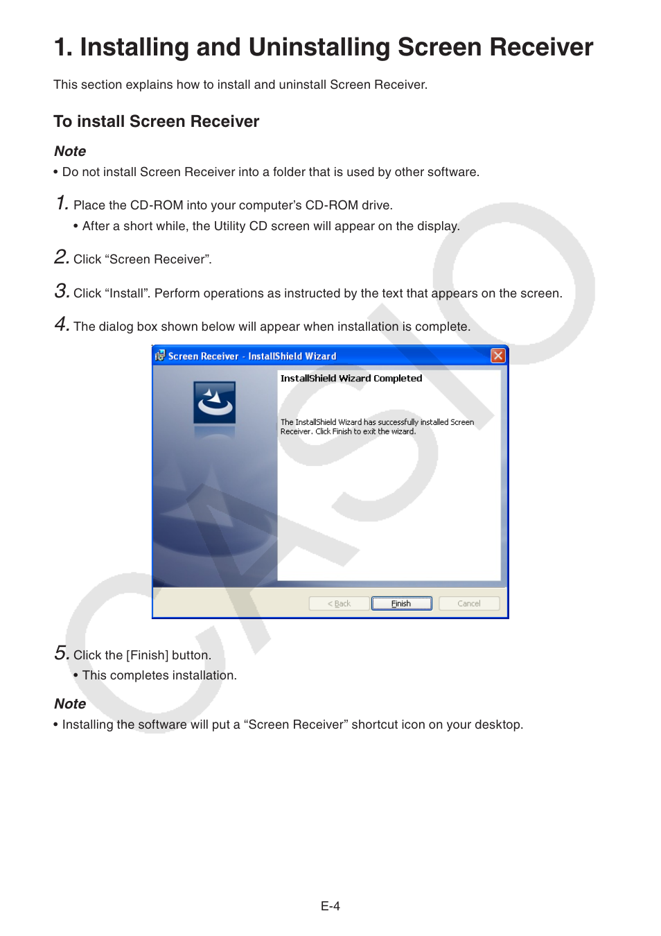 Installing and uninstalling screen receiver | Casio fx-CG Series Screen Receiver User Manual | Page 5 / 29