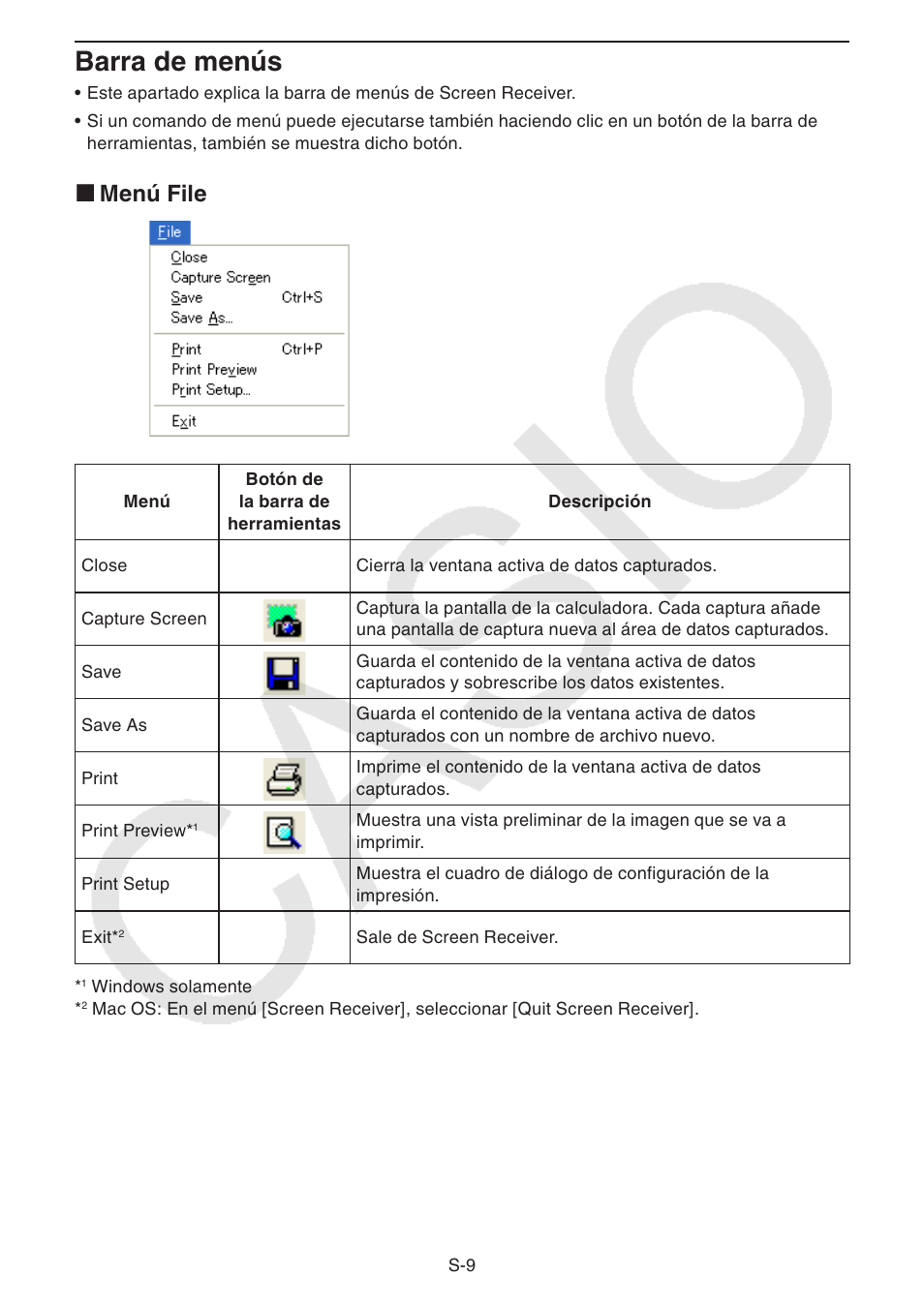 Barra de menús, Menú file k | Casio Screen Receiver User Manual | Page 10 / 29
