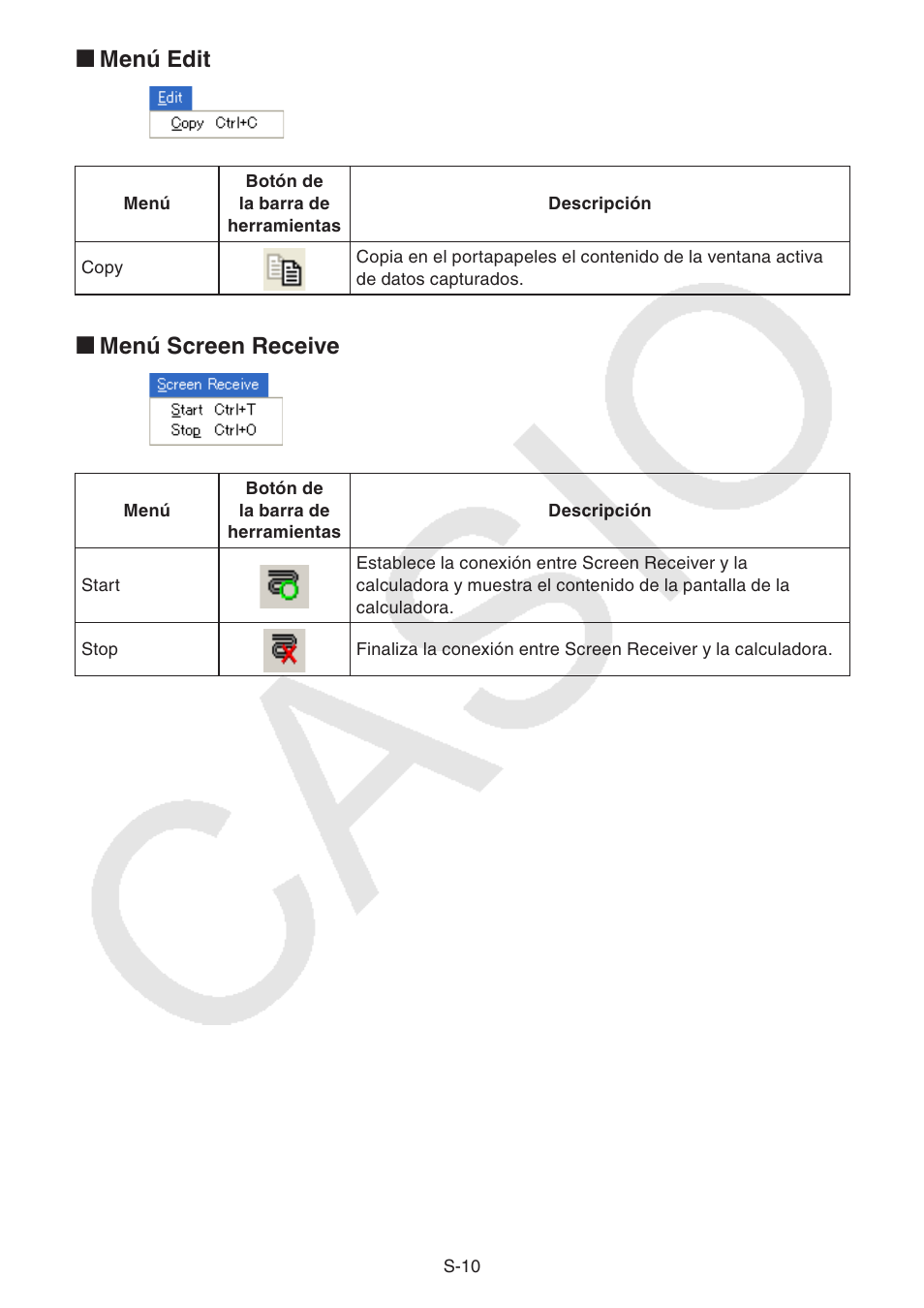 Menú edit k, Menú screen receive k | Casio Screen Receiver User Manual | Page 11 / 29