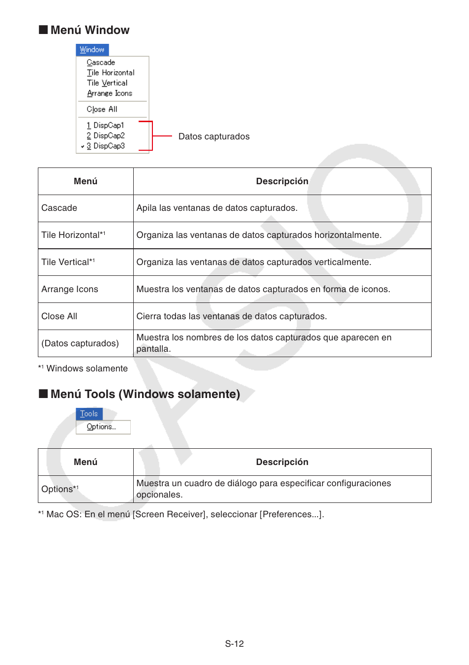 Menú window k, Menú tools (windows solamente) k | Casio Screen Receiver User Manual | Page 13 / 29