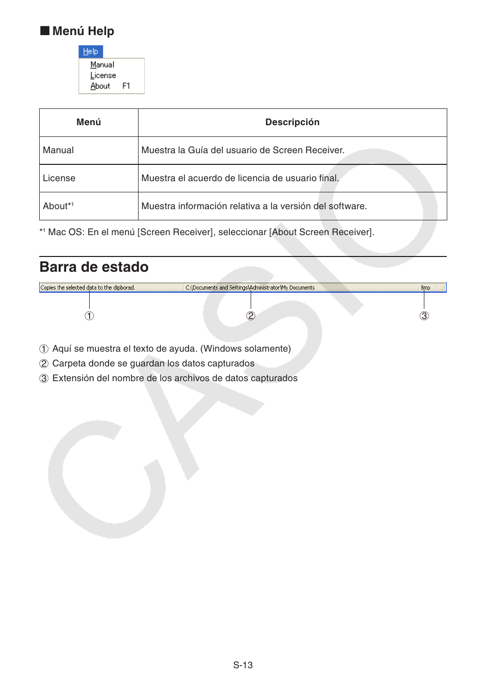 Barra de estado, Menú help k | Casio Screen Receiver User Manual | Page 14 / 29