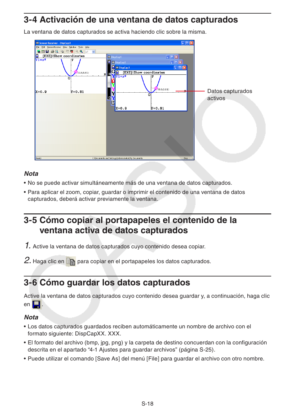 4 activación de una ventana de datos capturados, 6 cómo guardar los datos capturados, Capturados | Casio Screen Receiver User Manual | Page 19 / 29