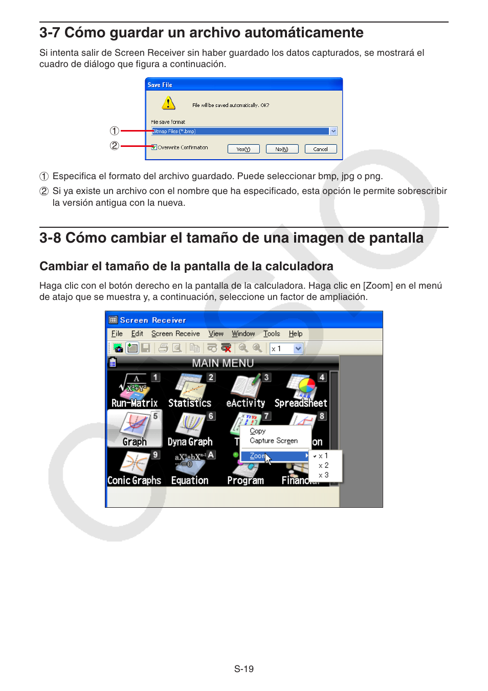 7 cómo guardar un archivo automáticamente, 8 cómo cambiar el tamaño de una imagen de pantalla | Casio Screen Receiver User Manual | Page 20 / 29