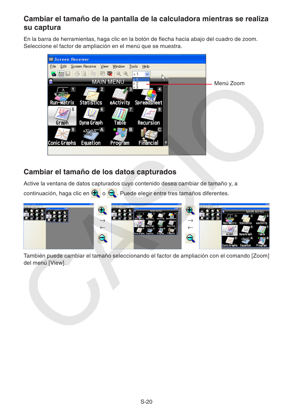 Cambiar el tamaño de los datos capturados | Casio Screen Receiver User Manual | Page 21 / 29